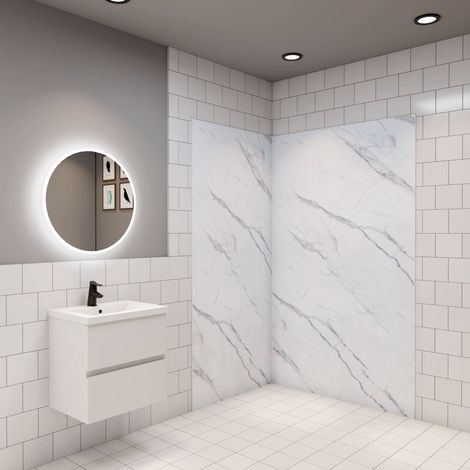 Pack de 2 Panneaux muraux de douche blanc effet marbre 90x90x H.210cm avec 3 profilés Panneau mural salle de bain - Aluminium (1/2)