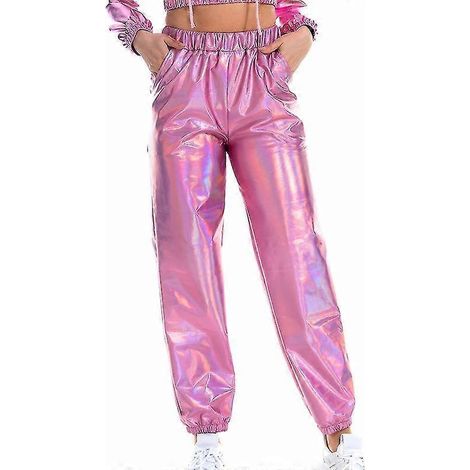 Pantalon taille haute femme, vêtement d'intérieur décontracté d'été, bas métallisé-M-Pink