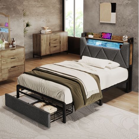 Letto imbottito in lino grigio 90x200 cm con testiera contenitore, LED, USB/Type-C, cassetto e rete inclusa (1/5)
