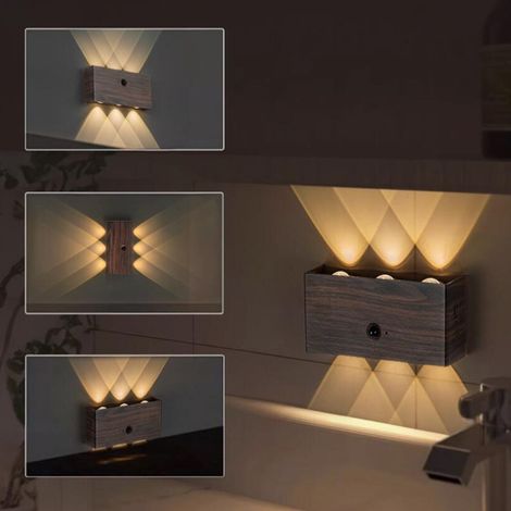 Battery Operated Wall Sconce Rechargeable Motion Sensor Indoor Wall Lights LED Magnetic Up Down Wall Lamp with Touch Switch Walnut Wood Color (1/5)