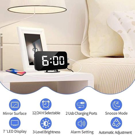 Réveil numérique. réveil de chevet. réveil miroir LED 17.8 cm. avec 2 ports de charge USB. mode Snooze. réglage automatique de la luminosité. horloge de bureau facile à configurer pour le bureau à dom