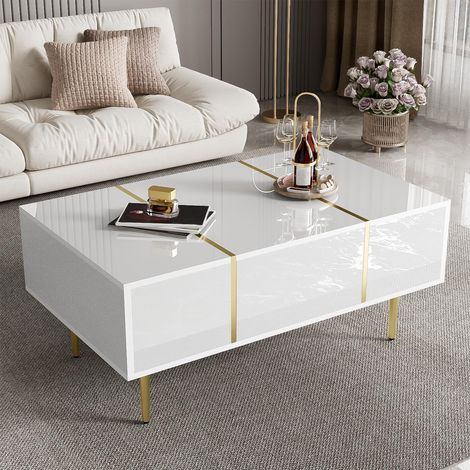 Weißer Couchtisch mit Hochglanz, modern und schlicht, mit 2 Schubladen, Modern Design, Wohnzimmer, Schlafzimmer (1/5)