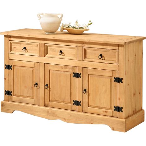 Idimex – Buffet en pin massif 3 portes et 3 tiroirs – Finition cirée coloris antique – Dimensions 145x88x50 cm – Meuble de rangement élégant