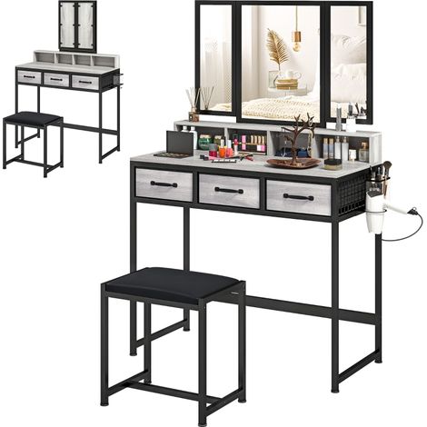 Coiffeuse avec miroir à trois volets, tabouret amovible, 3 tiroirs en tissu et support pour sèche-cheveux, gris
