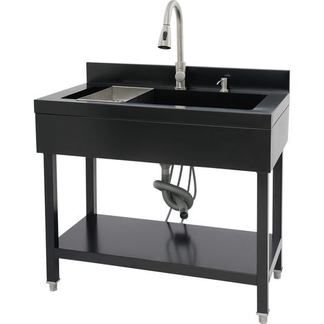 Évier pratique en acier inoxydable de 35,4 pouces, modèle sur pied, couleur noire, destiné à la buanderie et à l'arrière-cuisine, équipé d'un robinet, de tuyaux et d'un kit de vidange (1/5)