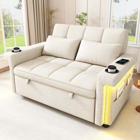 Divano letto 2 posti con illuminazione LED, porte USB e Type-C, schienale regolabile su 3 posizioni, portabicchieri e tasche, in tessuto ciniglia, Beige (1/5)