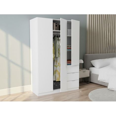 Dmora Vestiaire Fullerton, Armoire de chambre à 3 portes et 3 tiroirs, Armoire avec 3 étagères et barre de cintre, cm 135x52h200, Blanc, avec emballage renforcé (1/5)