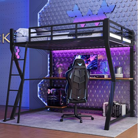 Letto rialzato bambini 90x200 cm con LED, scrivania e presa USB, in metallo nero, materasso non incluso (1/5)