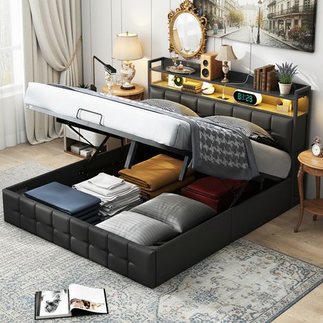 Lit coffre 140x200 cm, lit hydraulique, cadre en métal avec espace de rangement, tête de lit, Lumières LED intelligentes, USB, cuir - Noir (1/5)