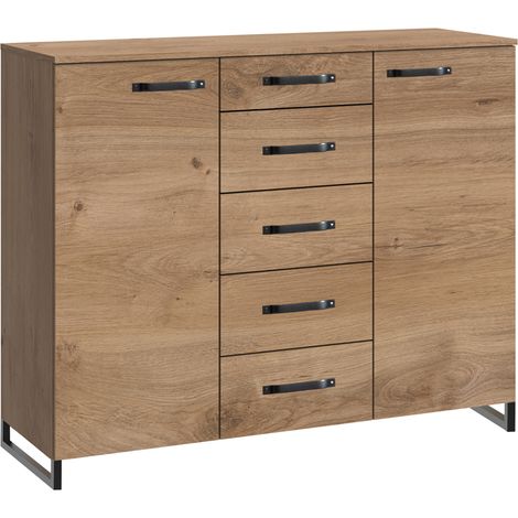 Commode combinée Imitation chêne poutre rechampis raw steel - L139 x H102 x P41 cm -PEGANE-