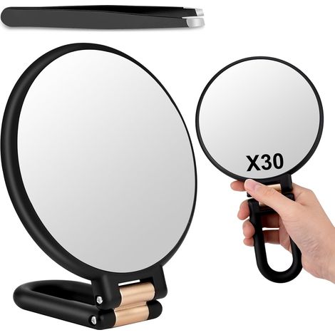 Specchio ingranditore 30x/1x, specchio portatile con manico, specchio ingranditore da viaggio a doppia faccia per un trucco di precisione. (1/5)