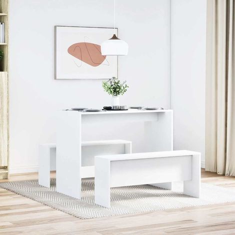 vidaXL Ensemble table à manger et bancs 3pcs blanc bois d'ingénierie (1/5)