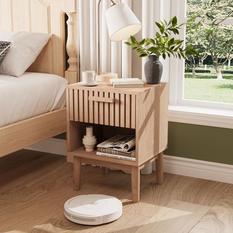 JOOKGBD-Nachttisch 40x35x55 cm,Wohnzimmer Sofatisch Beistelltisch,Nachttisch mit 1 offenem Regal und 1 Schublade,Modern,Couchtisch für Wohnzimmer, Schlafzimmer, Büro,Massivholz,Natur