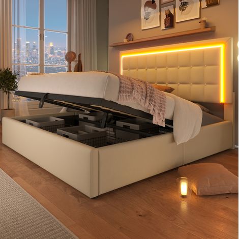 Cama tapizada con LED, 213x186x105 cm, con almacenaje, somier de láminas, PU blanco (1/5)