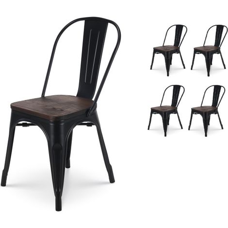 Set di 4 sedie in metallo nero opaco con seduta in legno scuro - stile industriale (1/5)