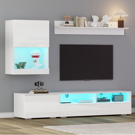 Meuble TV mural 3 pièces 175 x 39 x 34 cm avec LED, blanc DESVIAE (1/5)