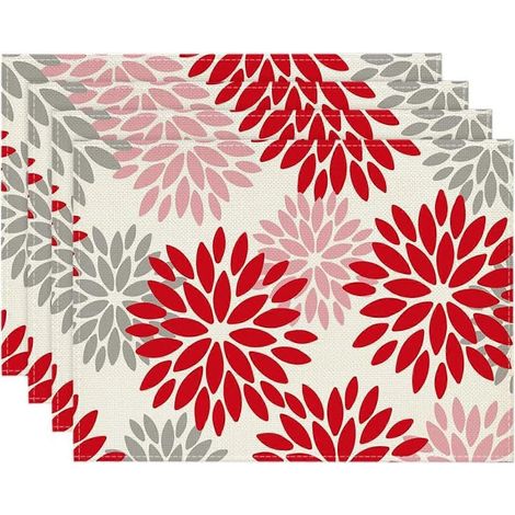 Lot de 4 sets de table floraux en PVC résistants à la chaleur lavables et antidérapants protection de table rouge et gris poudré (1/5)