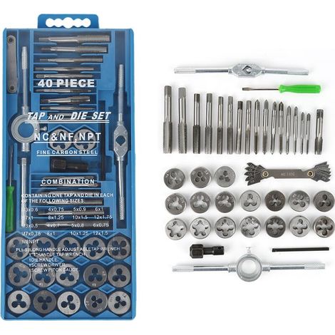 – Coffret tarauds et filières 40 pièces en acier au carbone – Types de filetage métrique fin et gros – Boîte de rangement incluse (1/5)