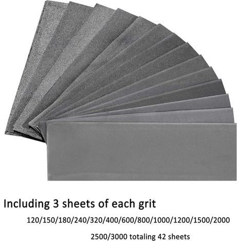 Papier abrasif 9 x 3,6 pouces – Grain 120 à 3000 – 42 feuilles – Pour polissage métal, bois et voitures – Carbure de silicium