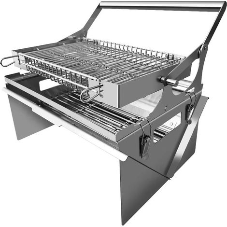 Barbecue charbon de bois inox portable, avec panier de cuisson rotatif, durable et stable, nettoyage facile, parfait pour camping et usage extérieur