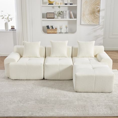 Canapé d'angle modulaire 3 places avec ottoman en tissu côtelé beige, sans montage pour salon - 268 x 102 x 78 cm