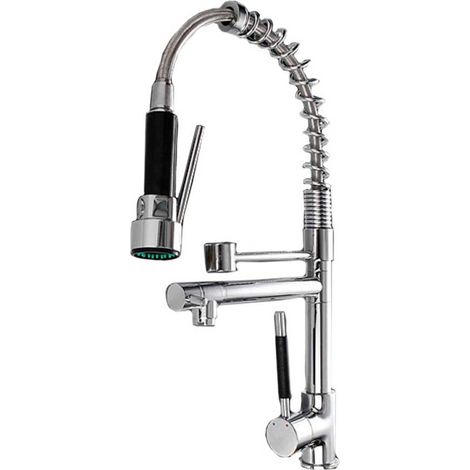 Rubinetto per lavello da cucina a canna alta a due vie miscelatore per lavandino orientabile con doccetta in ottone cromato (1/4)