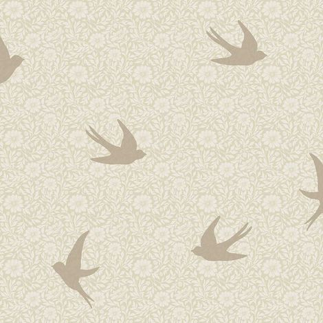Papier peint hirondelles florales fond beige lin