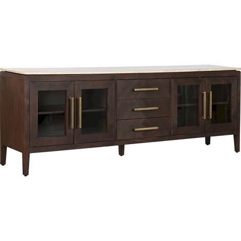 Buffet en manguier et marbre style moderne traditionnel - Bois foncé et marbre beige clair (1/5)