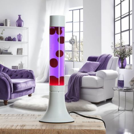 Lampe à Lave YVONNE au design rétro blanc avec liquide violet et cire rouge Ø13 cm H:38 cm G9