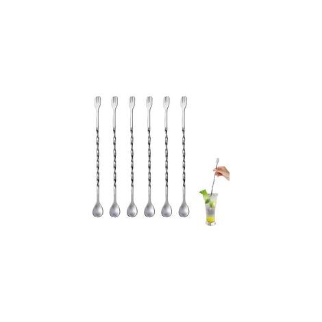 Spiral-Rührlöffel, Cocktaillöffel, Spiral-Rührlöffel mit Gabel für Zuhause und Bar, 6er-Set (304 Cocktaillöffel mit kurzem Griff, 26 cm) - Crezuo