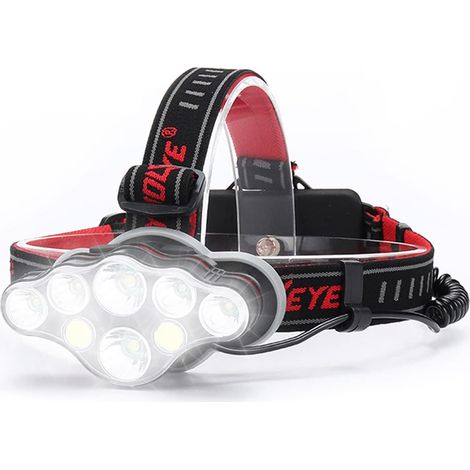 Phare Rechargeable Puissant, 8 Modes Phare LED Phare Puissant Mains Libres Camping Lumière, Phare de Course IPX5 Enfants Lecture(pile non incluse)