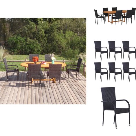 7-tlg. Garten-Essgruppe Poly Rattan Schwarz - Gartentisch - Esstisch - Gartenmöbelset - Outdoor Möbel - Holztisch (1/5)