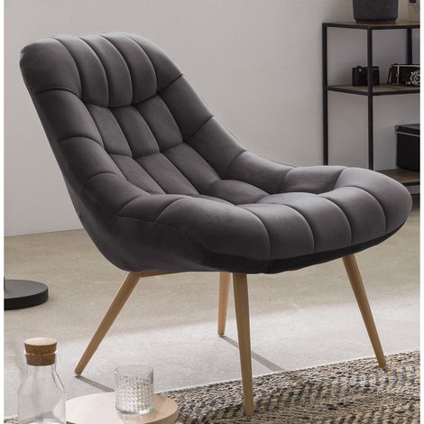 Fauteuil de Salon XXL en Velours Gris Design Scandinave Pieds Métal Aspect Bois - PANGIVO (1/5)