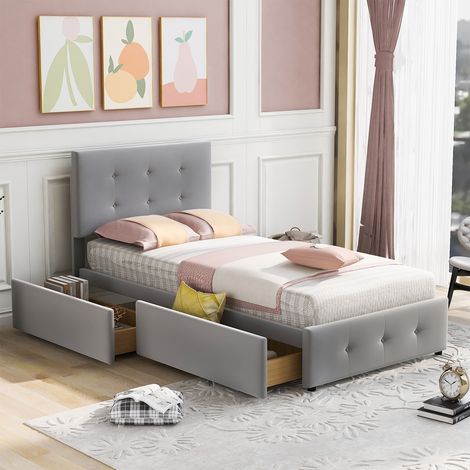 Letto imbottito 90 x 200 cm, schienale e due cassetti Letto singolo Testiera regolabile in altezza Tessuto vellutato, Grigio (1/5)
