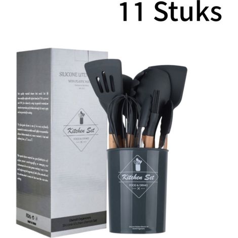 Ensemble de 11 ustensiles de cuisine en silicone résistants à la chaleur et aux rayures avec manches en bois robustes pour cuisson et pâtisserie adaptés au contact alimentaire couleurs assorties (1/5)