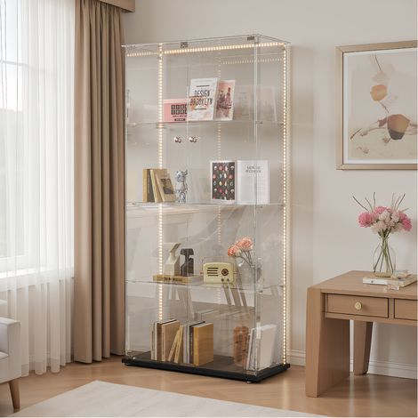 Vitrine en Verre avec Éclairage LED, Meuble Vitrines avec 2 porte et 4 étagères, moderne Verre vitrines, pour chambre, salon et salle à manger, 78 x 35 x 163 cm, Noir (1/5)