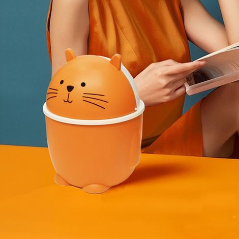 Corbeille de bureau avec couvercle en plastique orange, jolie mini poubelle multifonction pour comptoir maison bureau (1/5)
