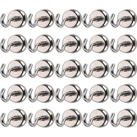 Lot de 25 crochets magnétiques – Aimant néodyme 8 kg – Résistants à la rouille – Finition polie et nickelée – Pour rangement cuisine et bureau (1/5)