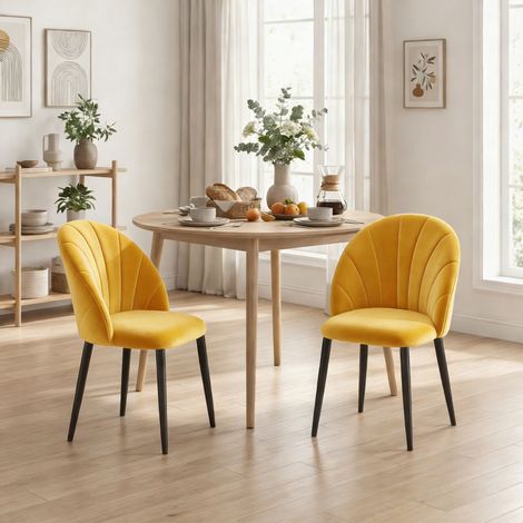 Set 2 Sedie da Pranzo Imbottite con Schienale a Conchiglia in Velluto, 52x55x79 cm, Giallo