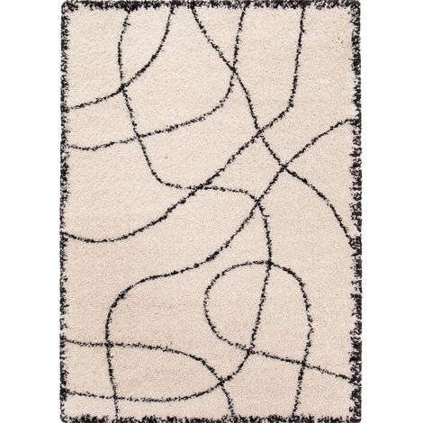 FICELLE - Tapis shaggy à poils long graphiques crème et noir 200x290 (1/5)