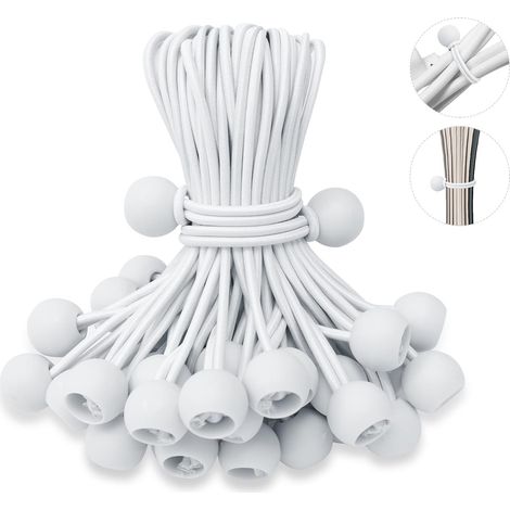 50 élastiques blancs à boule de 15 cm (6 pouces) - Cordons élastiques extra-résistants avec boule - Sangles de fixation résistantes aux UV pour bâches, auvents, matériel de camping, poteaux de tente e (1/5)