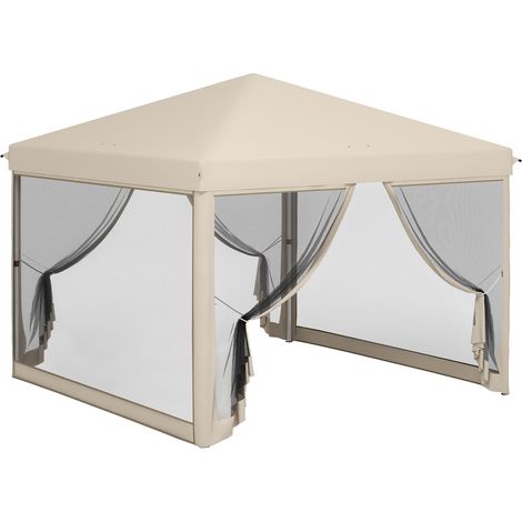 Tonnelle beige 3x3 m avec moustiquaires anti-UV et structure acier pour terrasse, abri design sobre pour extérieur pratique et protégé