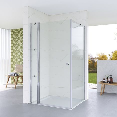 Duschkabine Eckeinstieg Bodengleich Duschwände für Eckdusche Ebenerdig Duschtür Drehtür an Festteil mit festem Seitenteil Seitenwand Echtglas 5 mm klar 90x90x187cm (1/4)