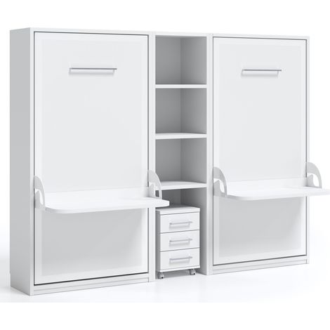 2 lits escamotables 90x190 avec bureau et étagère centrale Studante-Façade Chêne blanc (1/4)