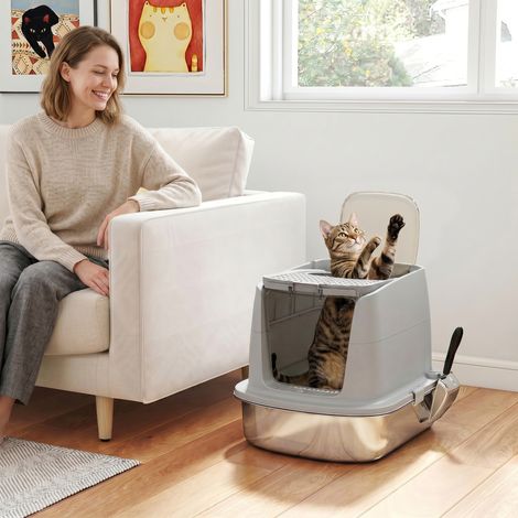 Litière pour chat en acier inoxydable, bac fermé avec pelle, sacs anti-odeurs, entrée et sortie (1/5)