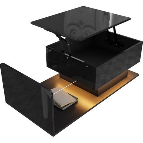 Table basse noire laquée avec plateau en verre trempé et éclairage LED (1/5)