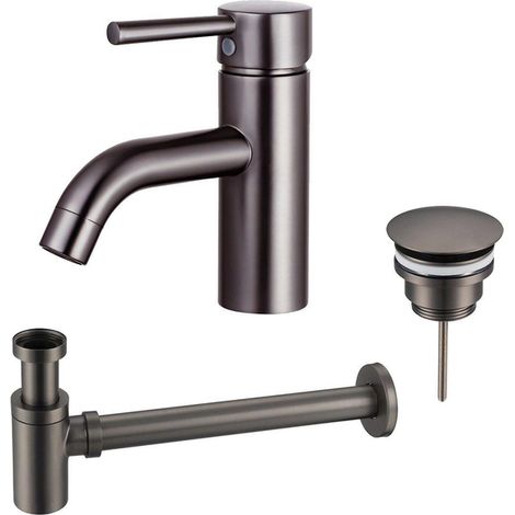 Fortifura Calvi Kit mitigeur lavabo - robinet bas - bonde non-obturable - siphon design bas - PVD Gunmetal