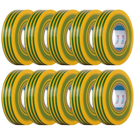 CILIA Lot de 10 Rubans Isolants Électriques PVC 19mm x 25m Chatterton chatterton - Scotch d'Électricien Ignifugé - Adhésif Professionnel Norme IEC - 600V - Pour Câbles et Fils - Couleur: Jaune-Vert