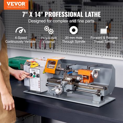Tour à Métaux de Précision 178x356 mm Tour à Métaux Table 0-2200 tr/min Vitesse Variable Continu 500 W Moteur à Balais d'Engrenages… (1/5)