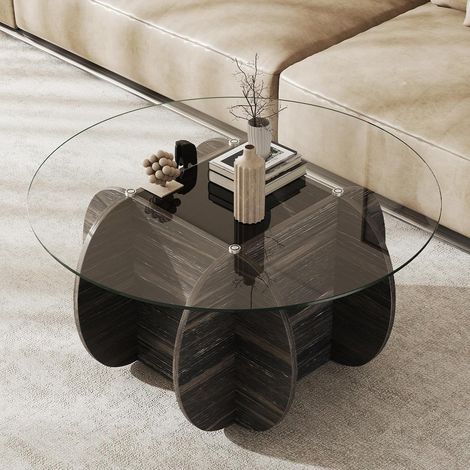 GOPLUS Table Basse Ronde en Verre Trempé, φ89CM Table Basse Salon avec Plateau Spacieux et Pieds en Bois d’Hévéa pour Bureau, Chambre, Capacité 100 kg(Noir,89x46CM) (1/5)